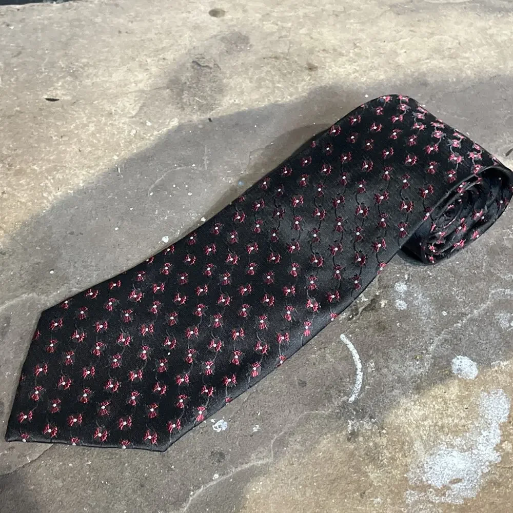 Kai Long Tie 100% Silk Black/red Bow Pattern Handmade